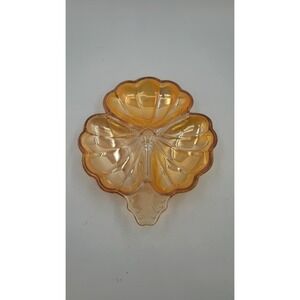 Jeanette Glass Carnival Glass ‎ Amber/Marigold Thee Leaf Clover Divided Dish